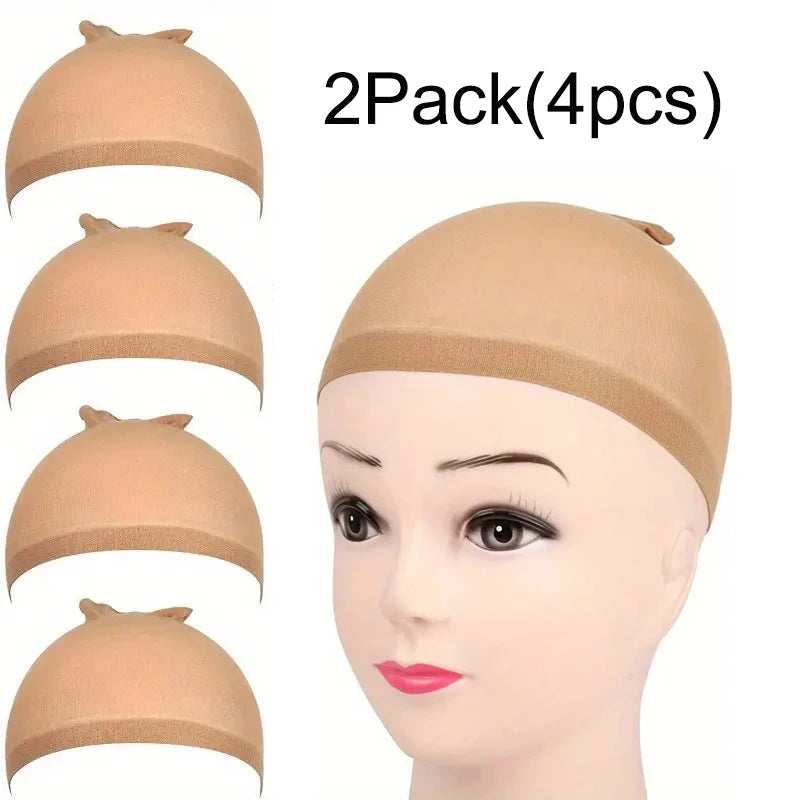 A 2-pack of beige high elasticity wig caps and hair netting shown on a mannequin head.