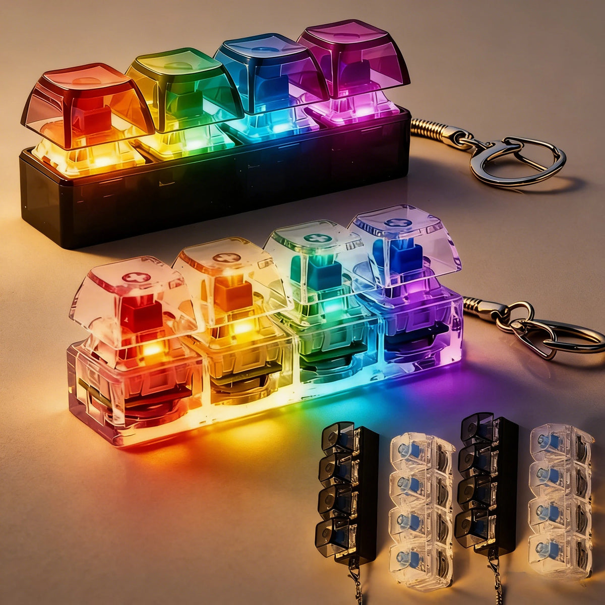 A set of colorful clickable LED fidget keychains arranged in rows on a light surface.