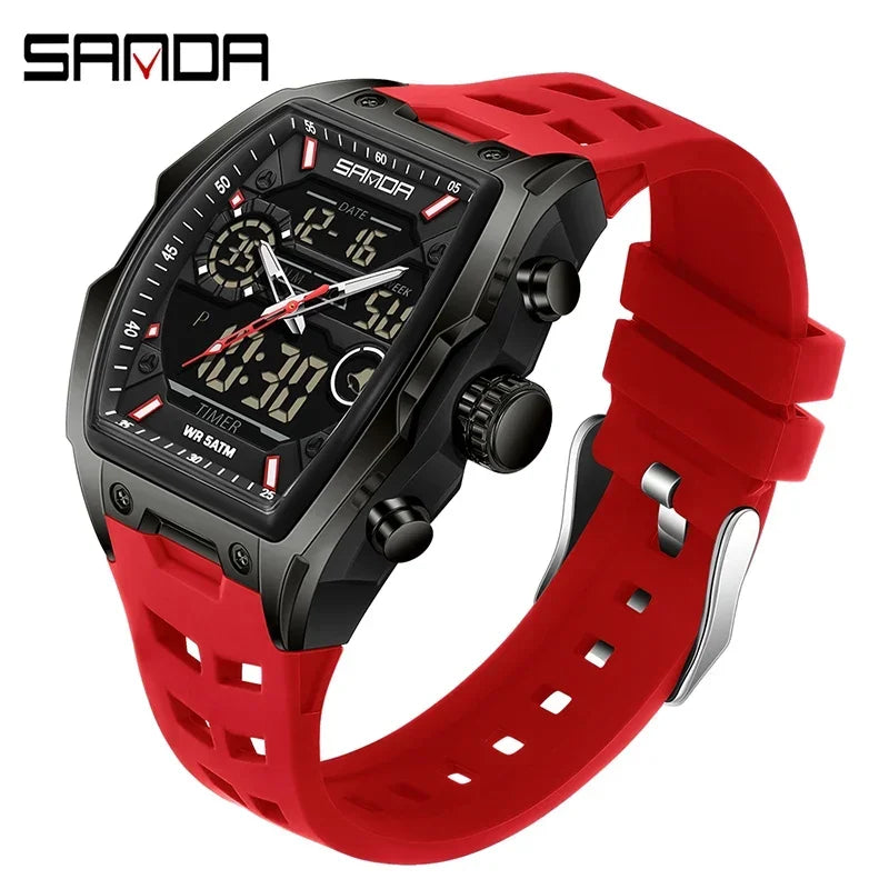 Roter und schwarzer Herren-Chronograph-Armbanduhr mit Silikonband.