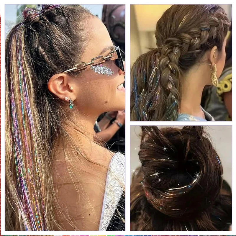 A woman shows off long, multi-colored rainbow glitter hair extensions styled in a braid and ponytail.