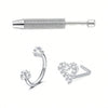 A set of three stainless steel heart horseshoe nose studs and a matching stud piercing tool.