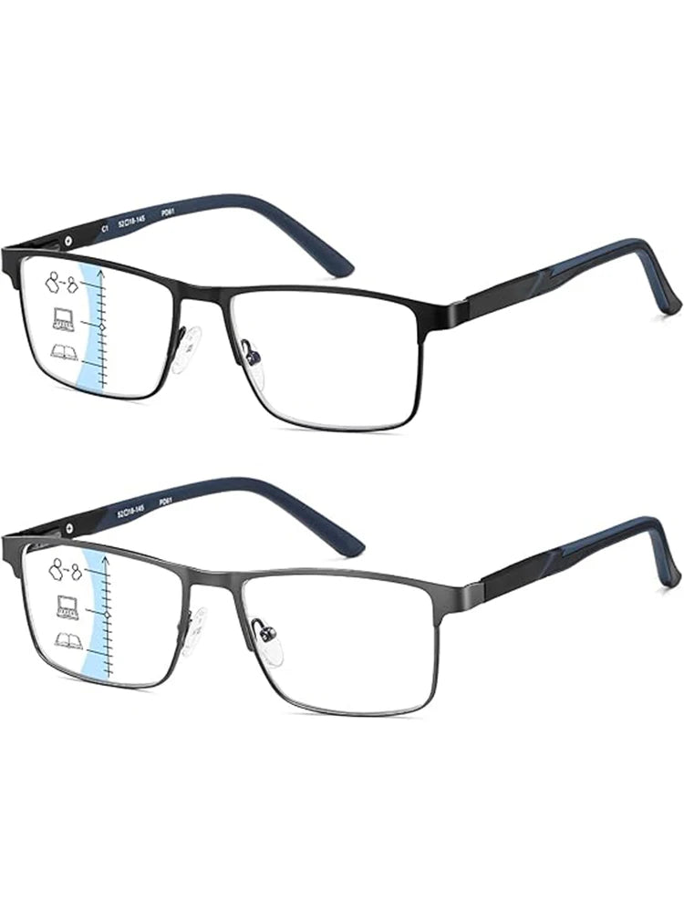 A pair of black multifocus progressive reading glasses with clear lenses and dark frames.