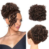 A woman shows off a dark brown synthetic curly chignon hairstyle, including a close-up of the finished look and a section sho