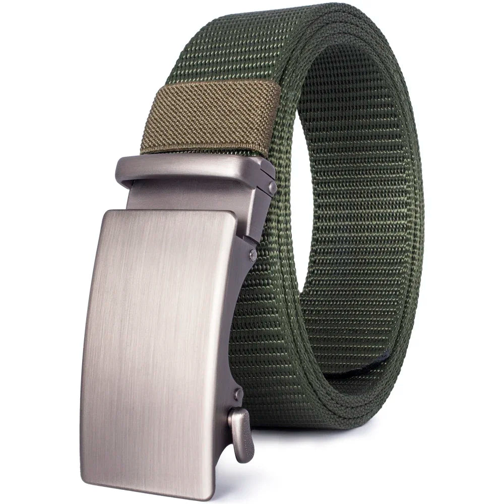 A close-up view of a tactical canvas utility belt with a brown leather buckle and olive green webbing.