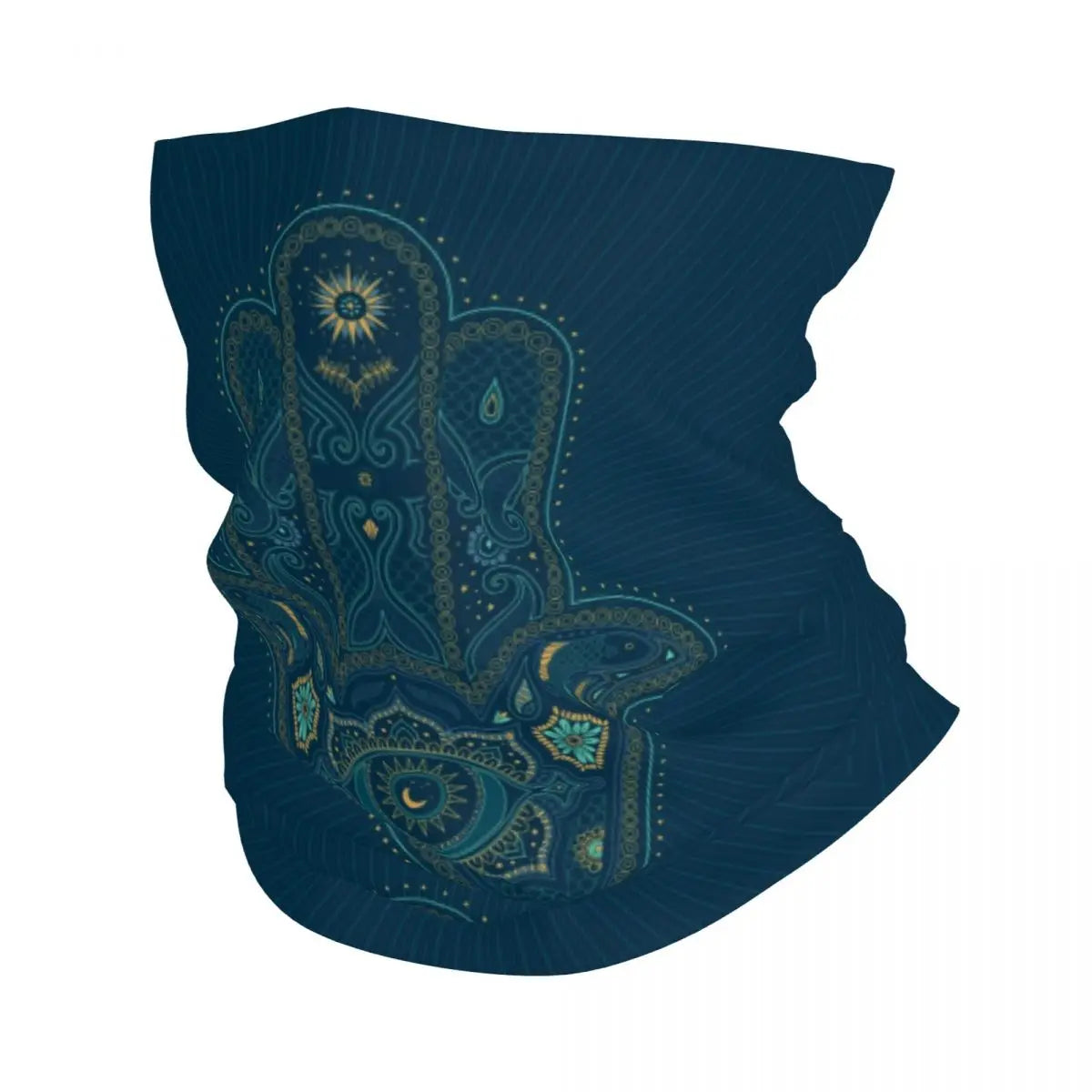A dark teal bandana neck gaiter featuring an ornate golden hamsa hand design.