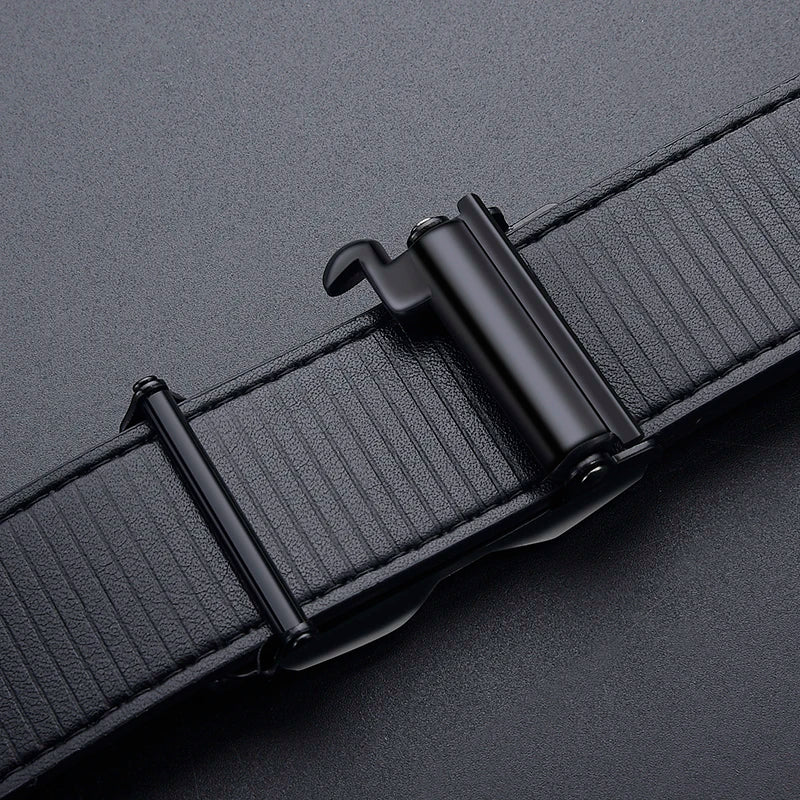 A close-up of a black men's automatic buckle belt with a crocodile pattern texture.