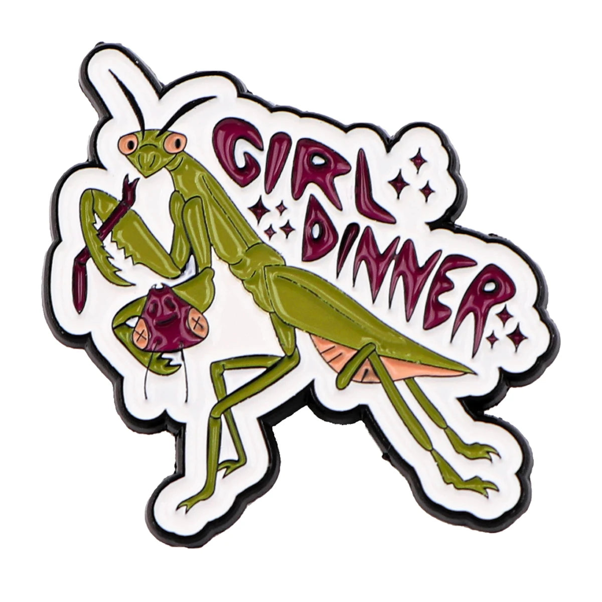 An enamel pin featuring a stylized green lizard with purple accents and the text GIRL DINNER.
