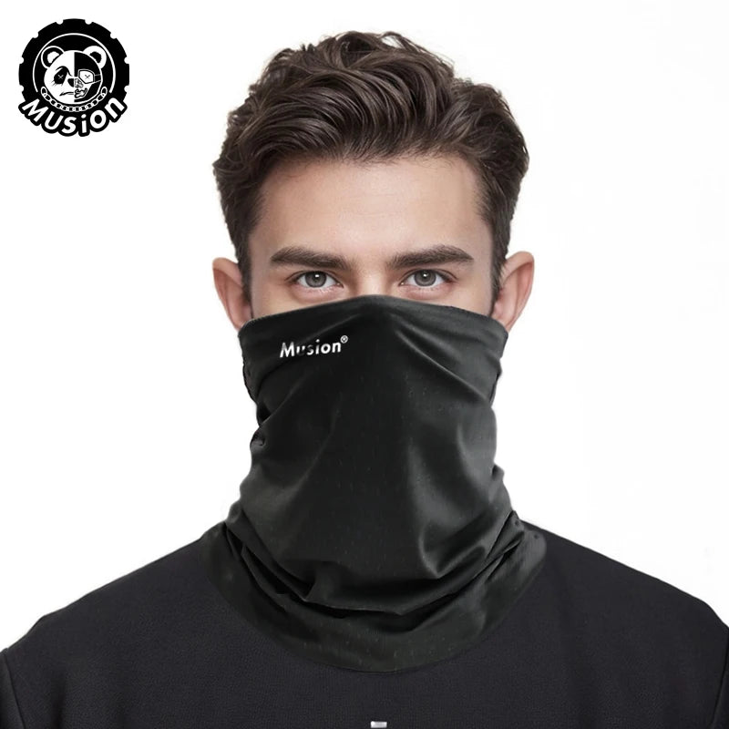 A man wearing a black Mission brand breathable mask covering his nose and mouth.