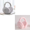 A pair of soft, fuzzy plush ear warmers in gray and pink are shown on a white surface.