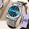 Montre pour homme argentée avec cadran bleu et aiguilles lumineuses, présentée sur un fond clair.