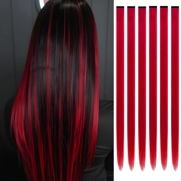 Ein Set von 24-Zoll-Haarverlängerungen mit leuchtend roten und schwarzen Ombre-Strähnen.