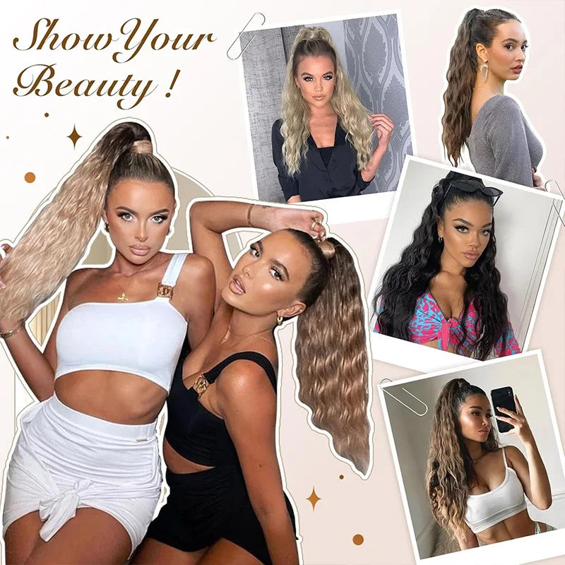 A collage of models showcasing various hairstyles using a matte heat resistant synthetic ponytail holder.