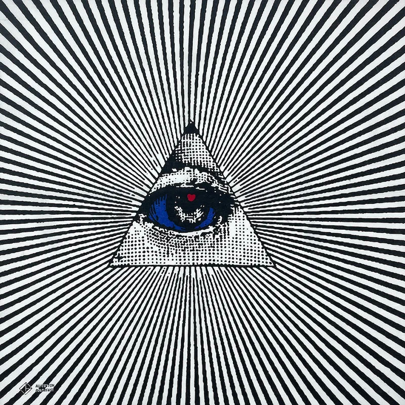 Patrón blanco y negro con forma de pirámide y un ojo azul centrado rodeado de líneas radiales.