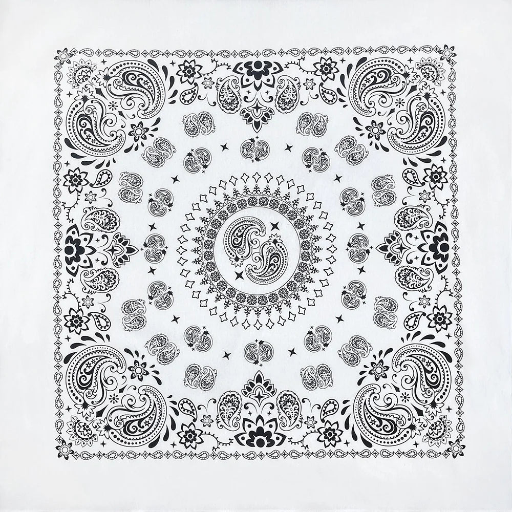 Black and white intricate paisley floral pattern on a square fabric print.