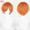 Un par de pelucas cortas naranja vibrantes exhibidas en un maniquí de cabeza blanca.