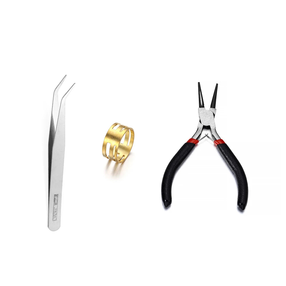 A set of jewelry findings including a silver-colored pin, hooks, and jump rings.