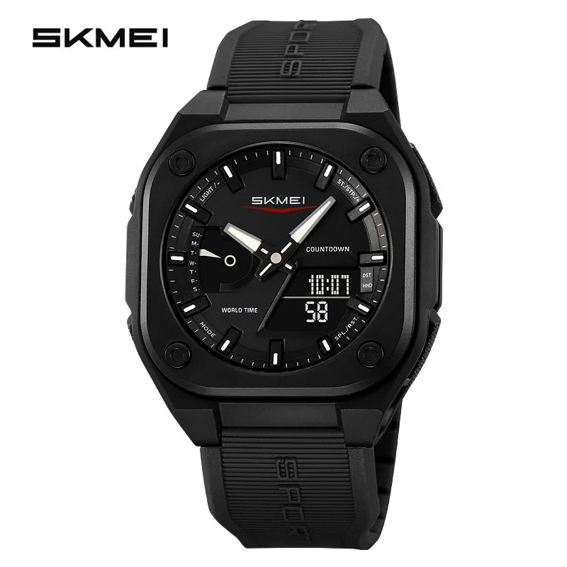 A black digital sports watch with a dark face and black strap, featuring a countdown display.