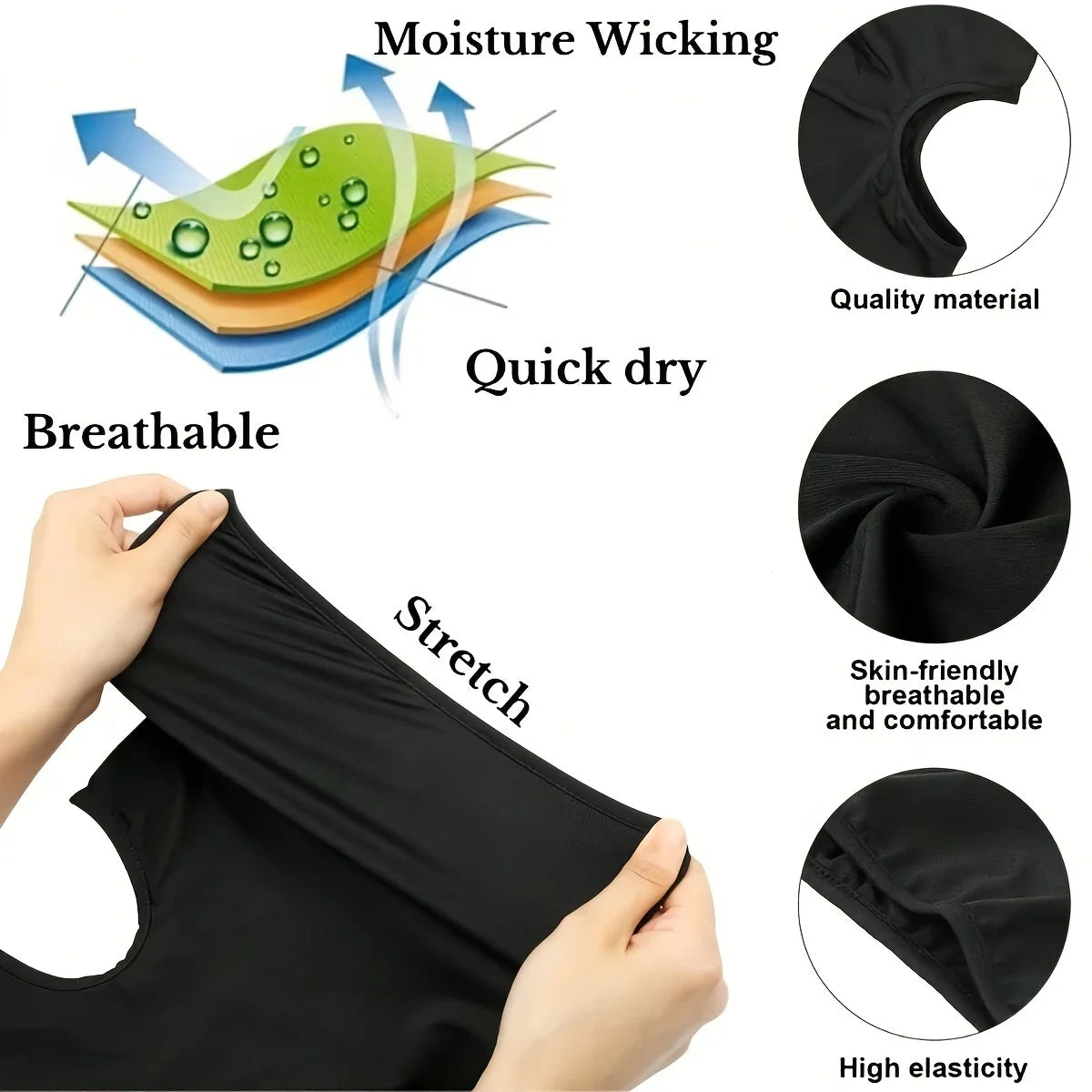 A black balaclava set demonstrating moisture wicking, quick dry properties, stretch, and high elasticity.