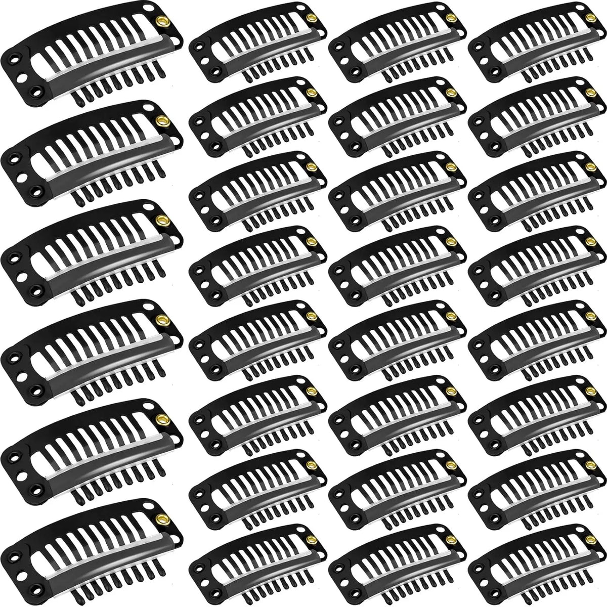 Black hair extension snap clips designed to secure wigs and hair extensions.