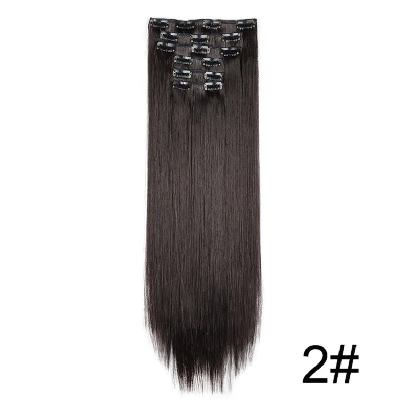 A bundle of long, straight, black hair extensions with small barrettes attached.