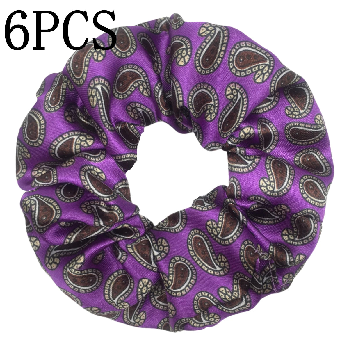 Un set de seis gomas de tela satinada moradas con estampado floral marrón.