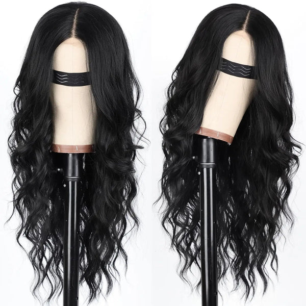 A pair of long wavy lace front wigs in black with a subtle striped detail.