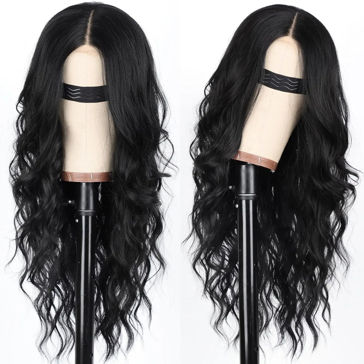 A pair of long wavy lace wigs in black with a subtle striped detail shown from the front.