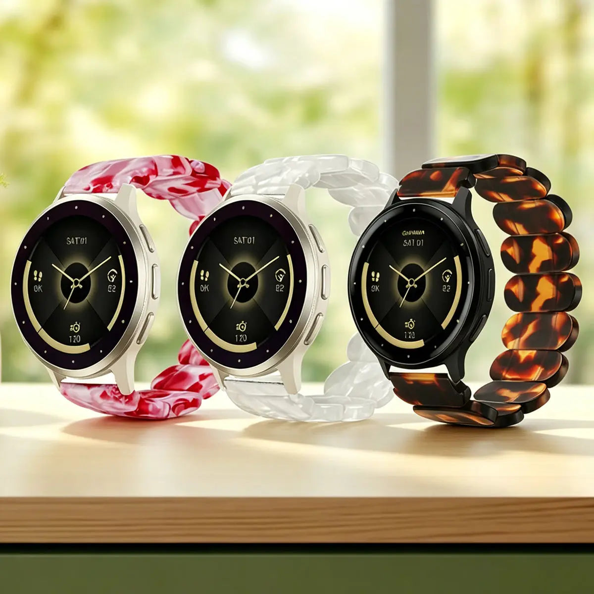 Un set de trois bracelets de montre en résine, dont un à motif rouge et blanc, un transparent et un marron léopard.