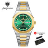 A silver stainless steel watch with a green dial and gold accents, presented with a gift box.