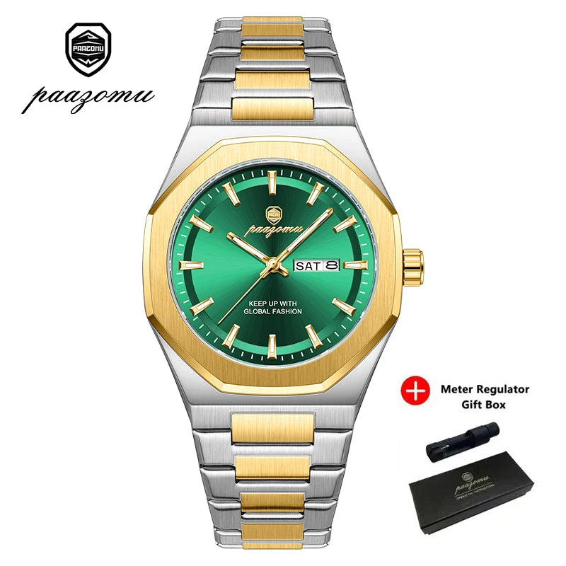 A silver stainless steel watch with a green dial and gold accents, presented with a gift box.