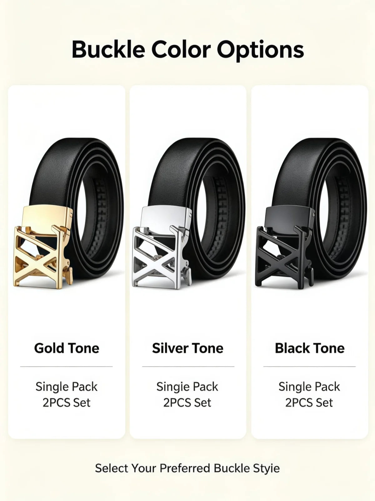 Three buckle color options shown: Gold Tone, Silver Tone, and Black Tone, each in a single pack of two.