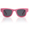 Pink square sunglasses with dark lenses and pink frames shown against a white background.