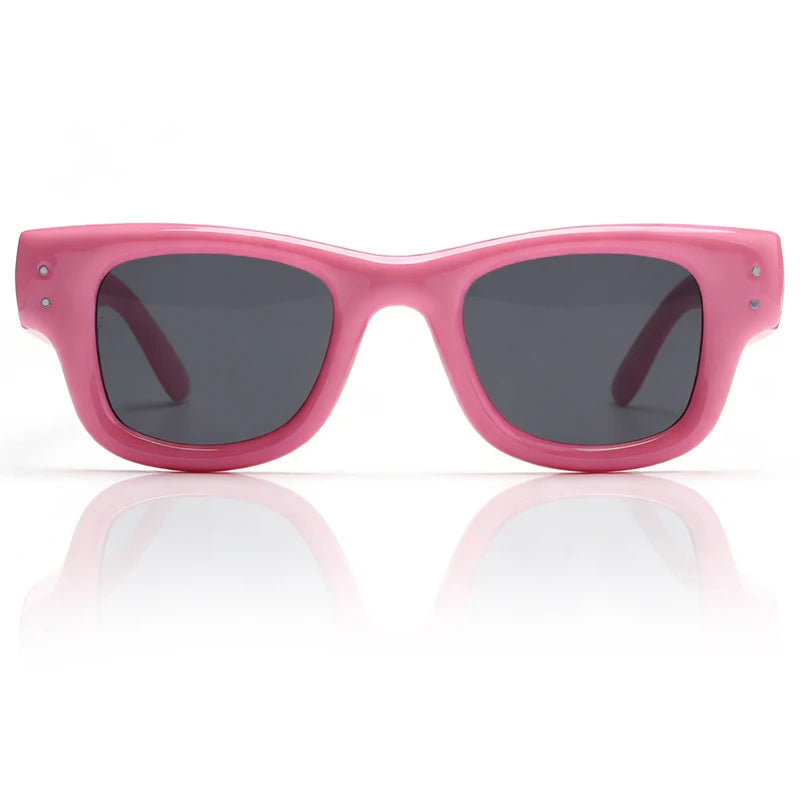 Pink square sunglasses with dark lenses and pink frames shown against a white background.