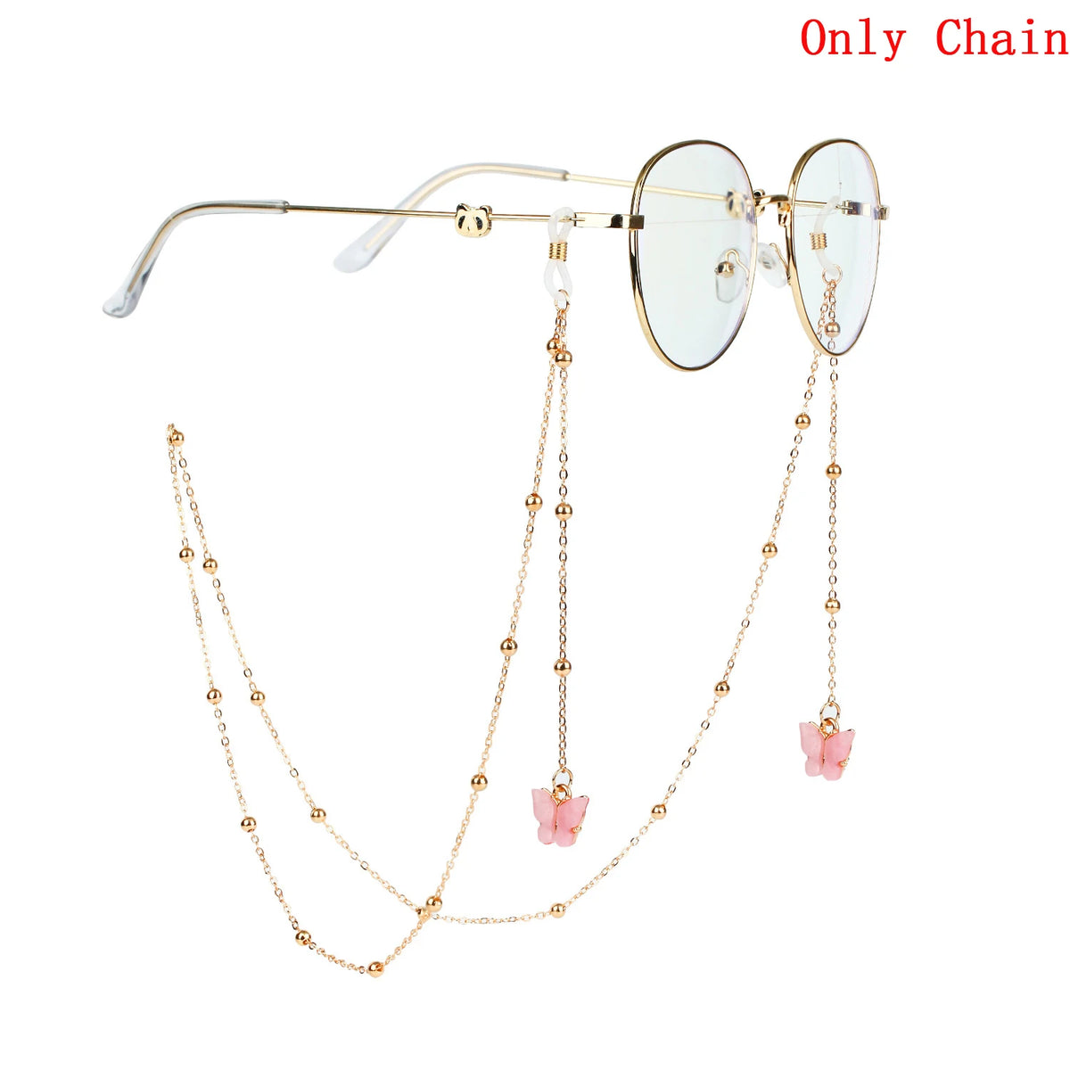 Gold chain necklace with butterfly pendants and round-framed glasses.