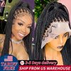 Close-up of a woman modeling a 36 inch full lace box braids wig with long black hair and light skin.