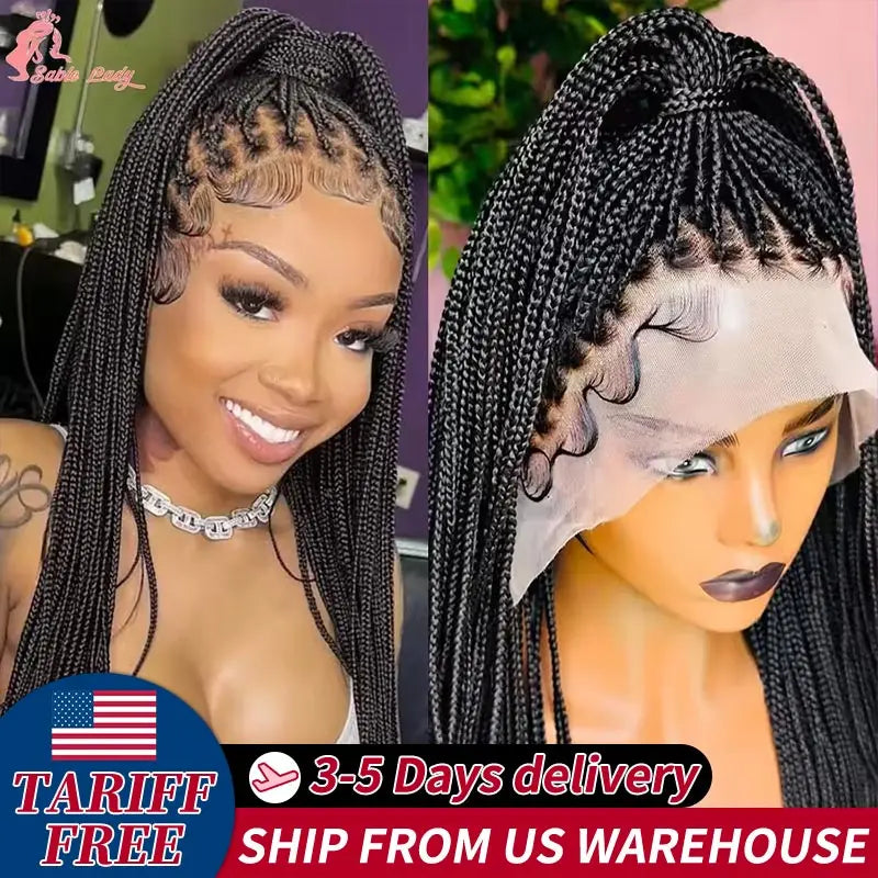 Close-up of a woman modeling a 36 inch full lace box braids wig with long black hair and light skin.