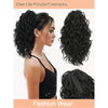 Pinzas rizadas negras para coleta en extensión, mostradas en el cabello de una modelo y como un paquete separado.