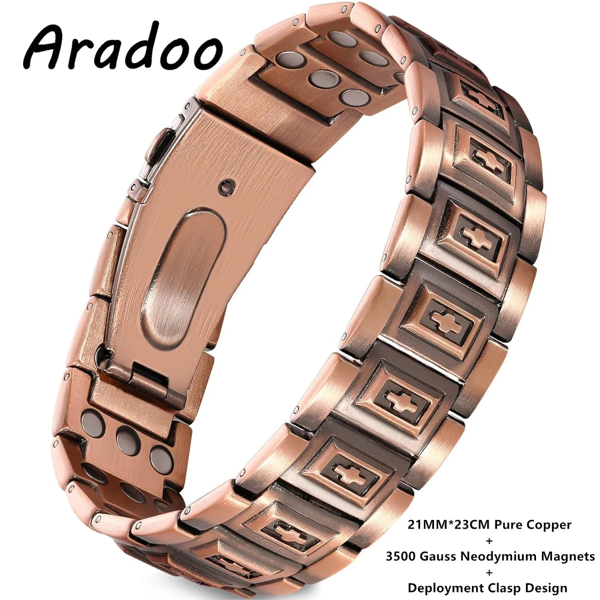 A bronze-colored Aradoo bracelet made of pure copper with neodymium magnets and a deployment clasp design.