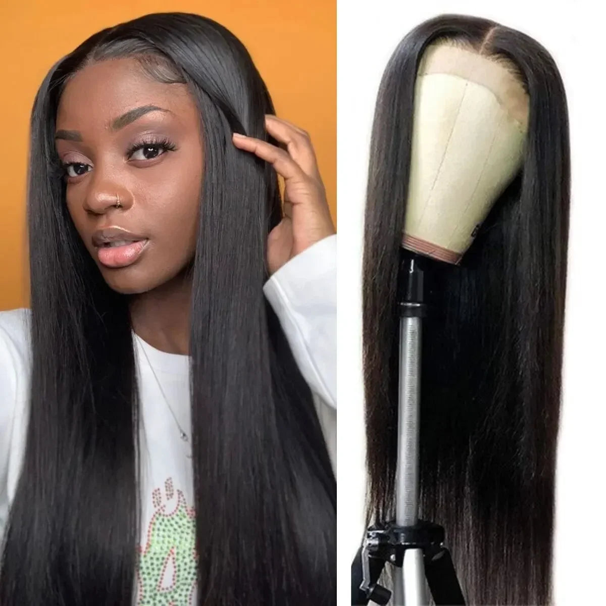 A model showcases a long, straight black wig with lace front, displayed next to the wig on a mannequin head.