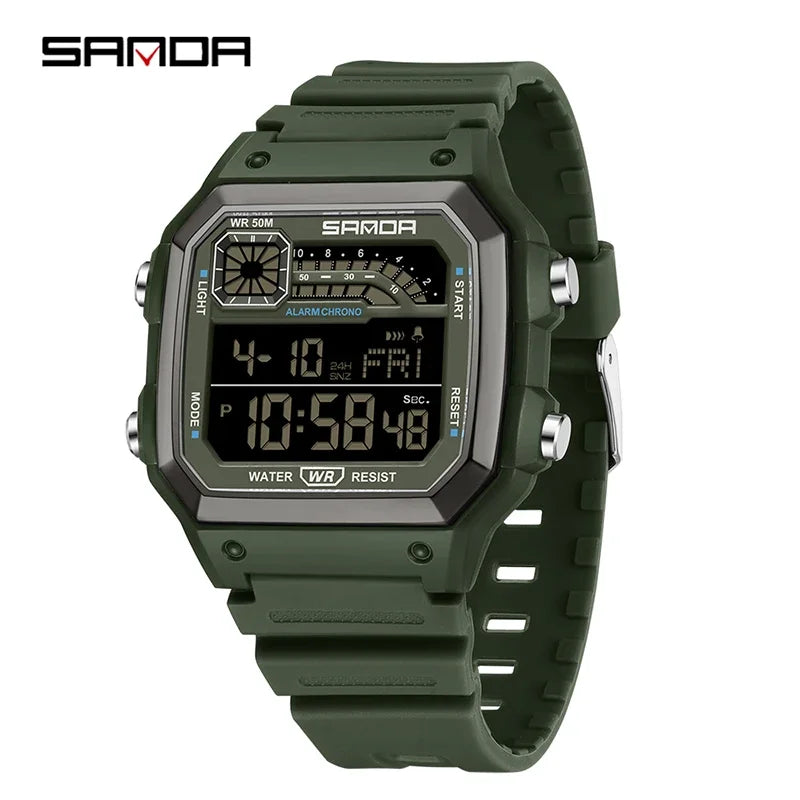 A dark olive green digital sports wristwatch with a square display, featuring an alarm function and chronograph features.