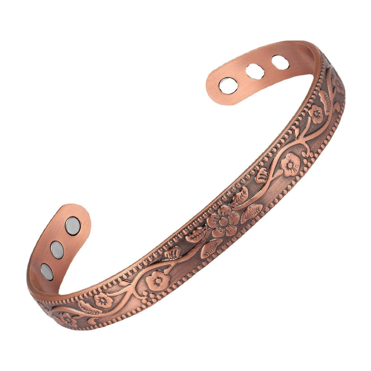 Jeu de bracelets floraux en cuivre plaqué antique avec des motifs floraux complexes et un bracelet flexible.
