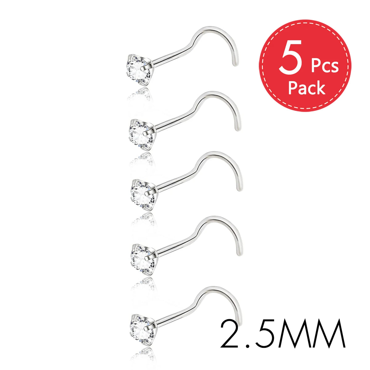 Five pieces of stainless steel nostril studs with crystal and gold finish, measuring 2.5mm.