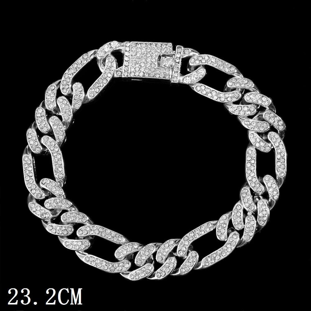 A close-up of a silver crystal Cuban link bracelet for women.