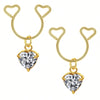 Gold heart dangle earrings with cubic zirconia stones and open hoop design