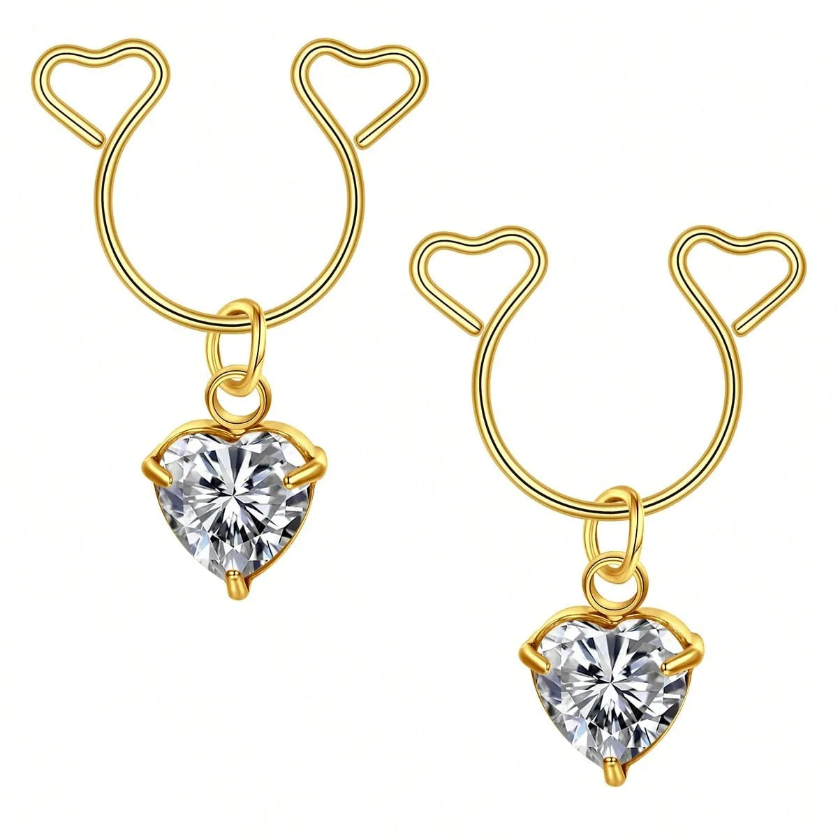 Gold heart dangle earrings with cubic zirconia stones and open hoop design