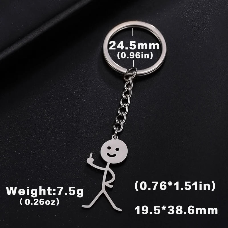 Silver keychain featuring a stickman making the middle finger gesture with dimensions 19.5x38.6mm