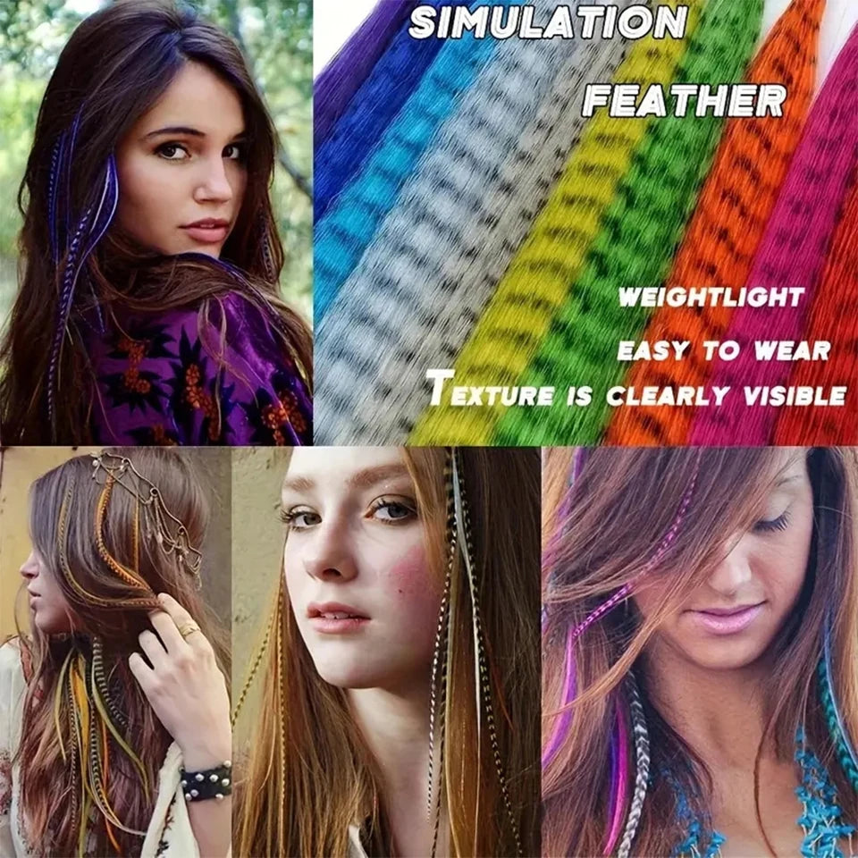 Primer plano de una mujer modelando extensiones de cabello sintético de plumas de 16 pulgadas en varios colores y texturas.