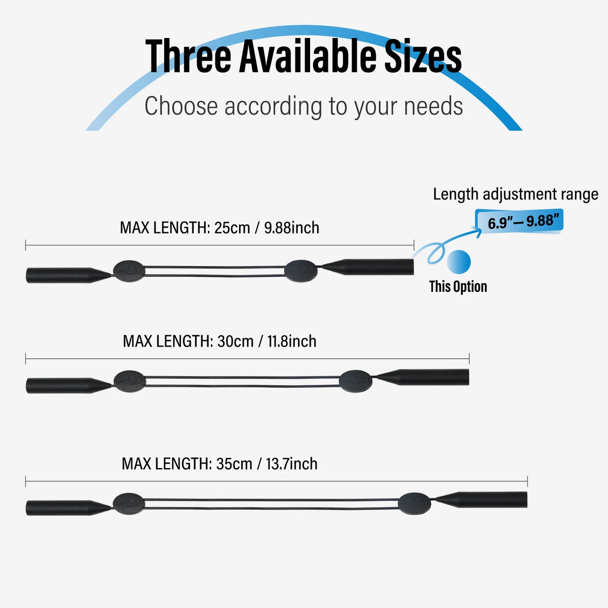 Three adjustable length anti-slip eyeglass retainer straps shown with different maximum lengths.