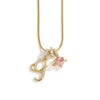 A gold-toned alphabet flower pendant necklace featuring a letter Y and a pink gemstone.