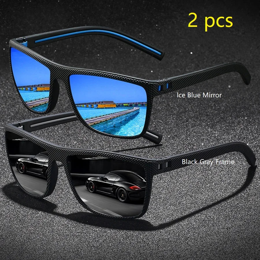 Two pairs of sunglasses are shown, including an Ice Blue Mirror pair and a Black Gray Frame pair.